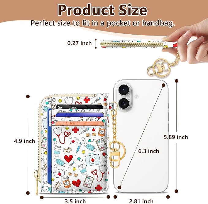 GIANCOMICS Slim Wallet Credit Card Holder Women, Nurse Rfid Blocking Small Card Case, Keychain Thin Pocket Curved Zipper Wallet, Travel Card Holder PU Leather ID Window, Ladies Female Gifts