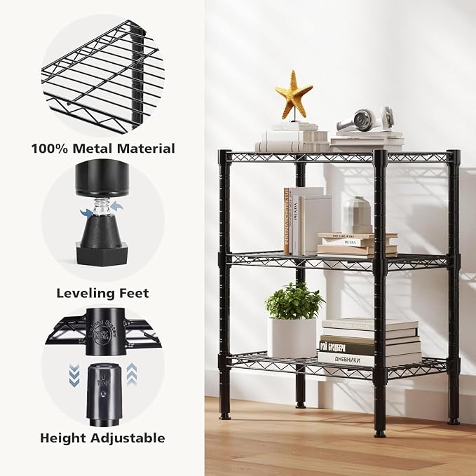 HealSmart 3-Tier Metal Wire Storage Shelves, Adjustable Standing Storage Rack Shelf, Heavy Duty Steel Shelving Unit Organizers for Kitchen Bathroom Pantry Garage, 23.2" W×13.4" D×30.3" H, Black