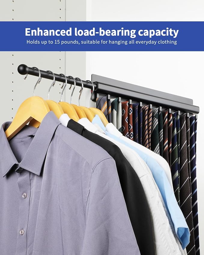 BaiNong Adhesive Valet Rod for Closets Pull Out 16.5" Black with 10 Hooks | Multifunctional Closet Valet Rod Slide Out for Closets Belt Organizer for Closet Tie Rack Hanger for Closet Space-Saving