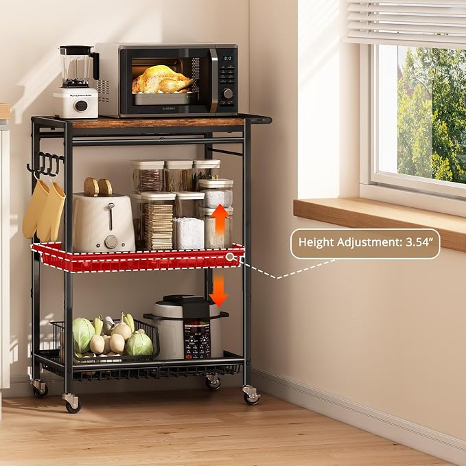 Microwave Kitchen Rolling Cart, 35.43" H Microwave Table Stand with Lockable Wheels, Utility Cart with Adjustable Shelf for Small Kitchen Island, Coffee Bar Table, Appliance Storage, Bakers Rack