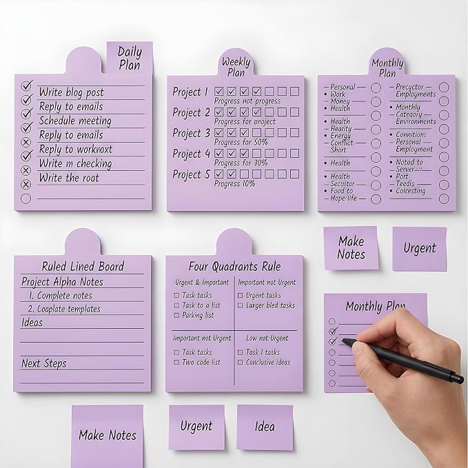 Sticky Note Holder with 5 Interchangeable Stencils, 3x3 Inch Sticky Note Stencil, Reusable Notes Organizer Case, Desk Versatile Notes Dispenser for Office Desk Home Organization Planning List