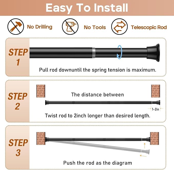 1 Pack Black Spring Tension Curtain Rods 31-76 Inches, Spring Loaded Curtain Rods No Drilling, Adjustable Tension Rod for Windows Bedroom Bathroom Kitchen Doorway Closet