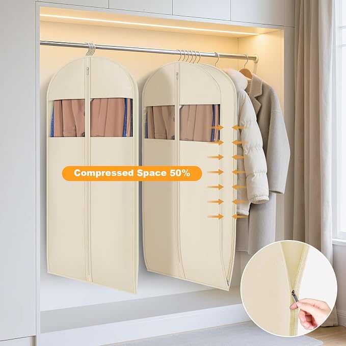 Syeeiex 54'' Garment Bags for Hanging Clothes with 8'' Gussets,Space Saving Hanging Garment Bag with Self Compression Zipper - Save 50% Space-Can Hold 6 Down Coats,8 Fur & Winter Coats,20 Shirts(2PCS)