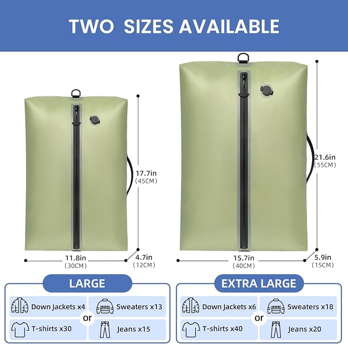 BAGAIL TPU Vacuum Bag for Travel, Reusable Compression Bag with IPX8 Waterproof Zipper, Save Space for Suitcase, Backpack and Carry on (Olive Green, ExtraLarge, With Pump)