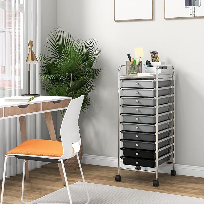 LDAILY 10-Drawer Rolling Storage Cart, Rolling Storage Cart, Storage Organizer on Wheels, Metal Frame, Scrapbook Paper Tools, Suitable for Office School, Classroom (Gradient Grey, 10 Drawer)