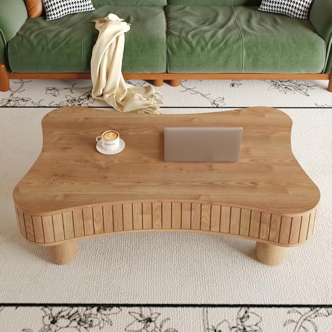 Lift Top Coffee Table with Hidden Storage Fluted Panel Silent Hydraulic Lift Curved Corners (Light Brown)