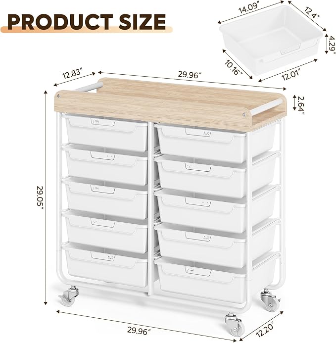 10-Drawer Rolling Cart, Art Cart with Wood Top & Side Handle, Multi-Purpose Craft Organizers and Storage with Lockable Wheels for Classroom, Dormitory, Craft Room and Art Supplies Organization(White)