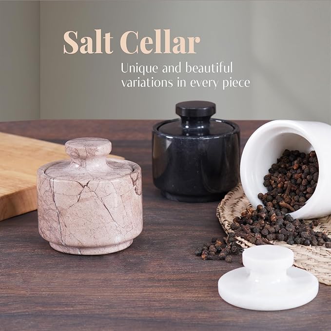 MARBLOUS KRAFTS Marble Salt Cellar 3 Inch Salt Holder With Lid for Spice Jar & Stone Salt Container, Modern Sugar Bowl (Marinara)