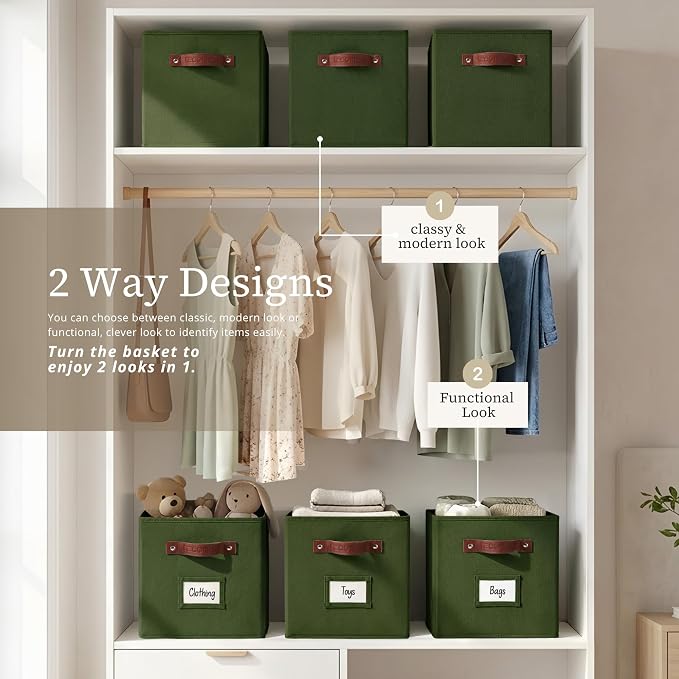 DECOMOMO Storage Cubes, 13x13x13 Storage Cube Bins with Labels, Fabric Organizer Bins (13" / 6pcs, Olive Green)