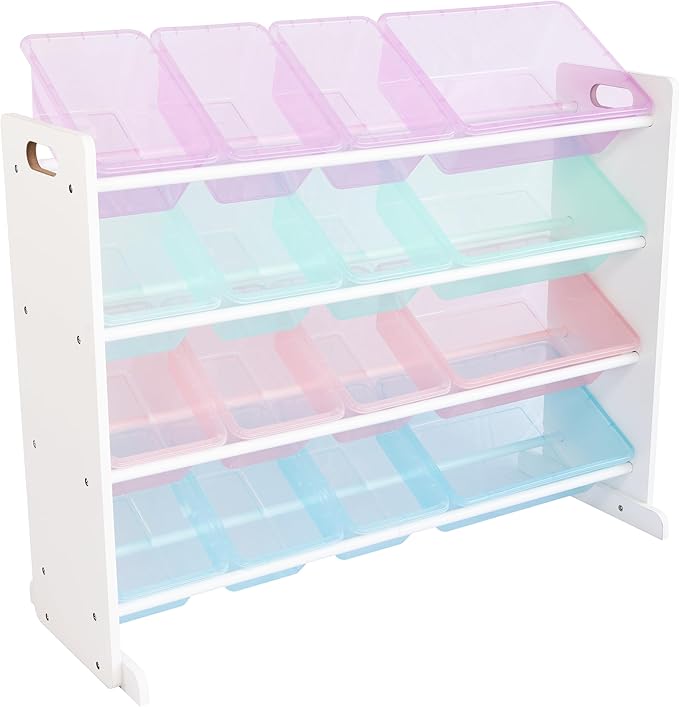Humble Crew Toy Storage Organizer with 16 Removable Storage Bins for Kids Playroom, 4-Tier Toddler Toy Organization and Storage, White/Purple/Pink/Blue