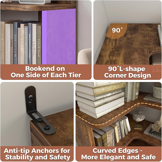 Besiost Corner Book Shelf, 7-Shelf Corner Bookshelf for Small Corner Spaces, L-Shape Bookcase Corner Display Shelf for Home Office, Living Room, Bedroom, Kitchen Pantry, Rustic Brown