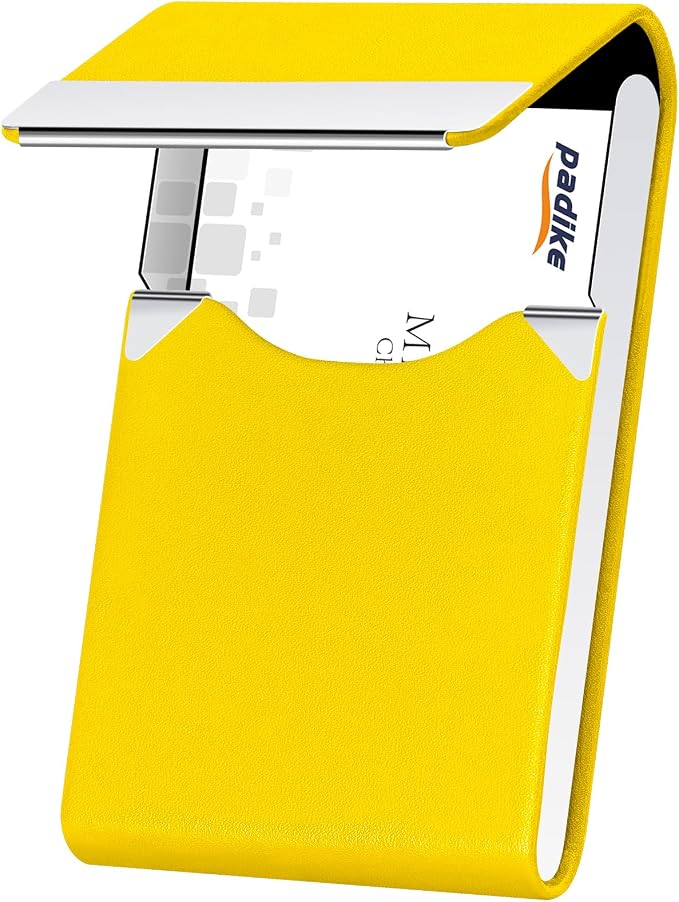Padike Professional Business Card Holder PU Leather Business Card Case Name Card Holder Slim Metal Pocket Card Holder with Magnetic Shut (Y-Yellow)
