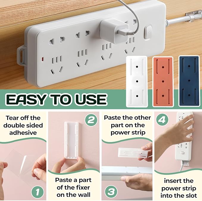 6PCS Power Strip Holder Wall Mount,Self Adhesive Power Strip Holder,Desktop Punch-Free Socket Fixer for Kitchen Home Office Table Wall Cable Management (White)
