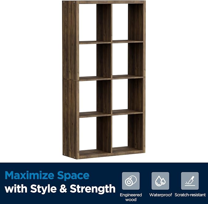 8 Cube Storage Organizer, Cube Shelf with Heavy-Duty Thick Boards, 25.12" L x 9.37" W x 48.74" H, Smooth Easy-Clean Panels, Simple Assembly, for Living Room Bedroom Office, Brown