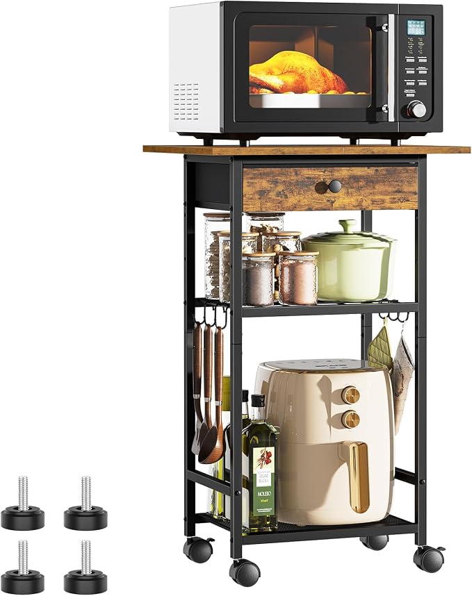 Microwave Cart, 4-Tier Microwave Stand with Adjustable Shelf | Kitchen Storage Cart on Wheels, Coffee Bar Cart Shelf for Living Room, Kitchen Island, Office, Balcony, Rustic Brown