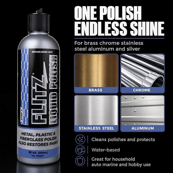 Flitz Multi Purpose Metal Polish Liquid - 16oz Bottle of USA-Made Tarnish Remover - For Aluminum, Chrome, Brass, Nickel, Silver - Non-Abrasive Metal Cleaner and Polish, Restorer (1 Pack)
