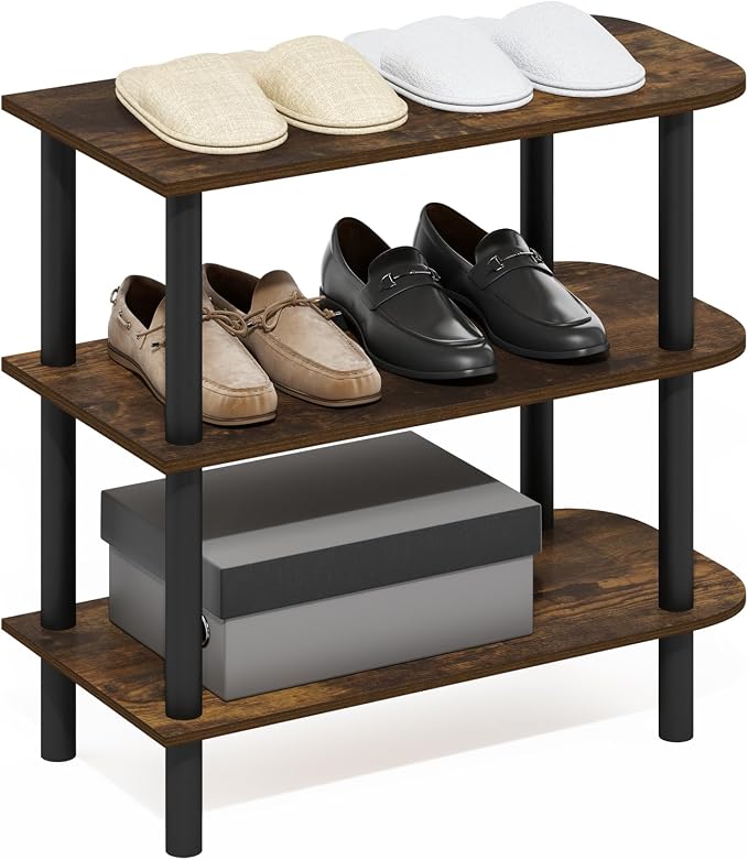 Furinno Turn-N-Tube 3-Tier Toolless Narrow Shoe Rack, Amber Pine | 11.7 x 23.6 x 21.9, Small Shoes Organizer, Shoe Rack Storage with Curved Organizer, for Closet Entryway, Office, Garage