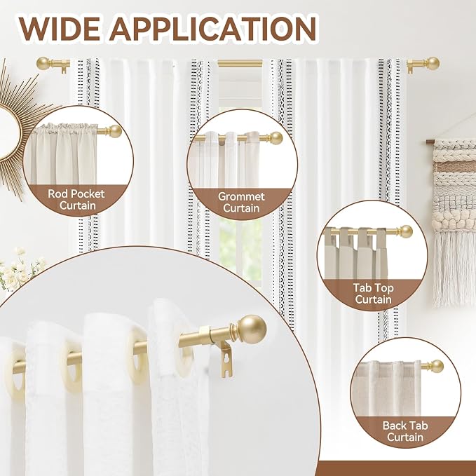 Gold Curtain Rod for Windows 28 to 48 Inch,2 Pack 5/8 Inch Diameter Adjustable Rod With Brackets,Heavy Duty Easy to Install Outdoor Curtain Rods for Bedroom,Patio