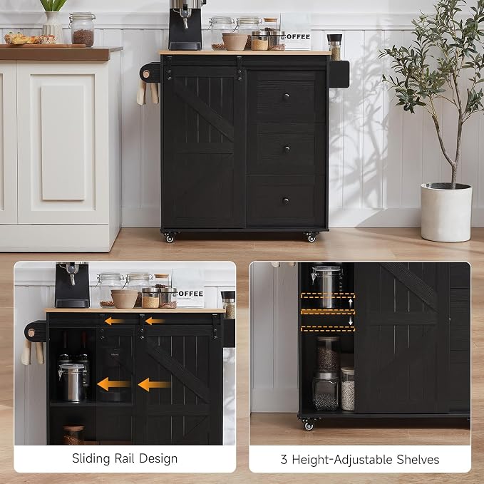 ONBRILL 31.5" Farmhouse Kitchen Island with Drop Leaf & Power Outlet, Rolling Kitchen Cart with Sliding Barn Door, Portable Island Table with 3 Drawers, Spice Rack & Towel Holder