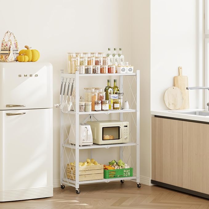 Fenbeli Foldable Shelves with Wheels - 4 Tier Folding Shelf, Collapsible No Assembly Metal Shelving Unit, Origami Storage Shelves & Rolling Storage Rack with 8 Hooks for Kitchen Pantry Garage