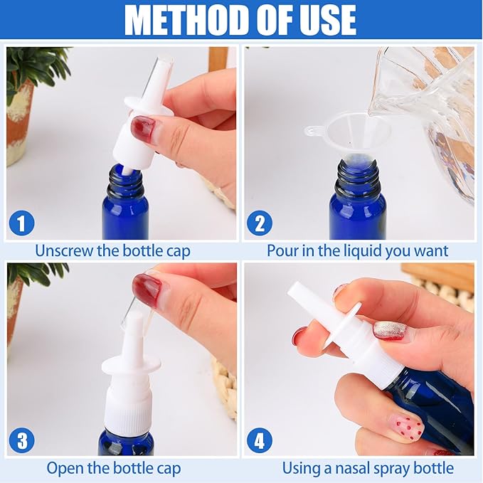 10 Pcs Nasal Spray Bottle, 10ML/0.35OZ 6 Pcs Glass Blue Refillable Fine Mist Nasal Spray Bottles Empty with 2 Pcs Funnels and 2 Pcs Labels
