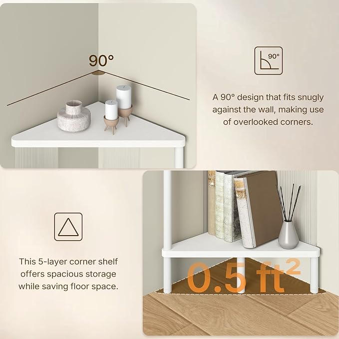 YATINEY 5-Tier Corner Shelf, Corner Bookshelf for Small Space, White CJ12WW | Freestanding Corner Shelf Stand, 5-Tier, 50.2" Tall, Small Bookcase, Clear Acrylic Sides, for Living Room, Bedroom