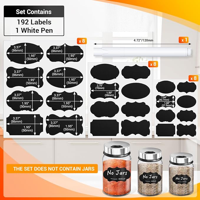 Segarty Labels for Spice Jars, 192 Pcs Assorted Shape Blank Label Stickers with 1 Chalk Marker for Food Container, Waterproof Chalkboard Stickers for Glass Mason, Bottle, Canisters, Storage Bin