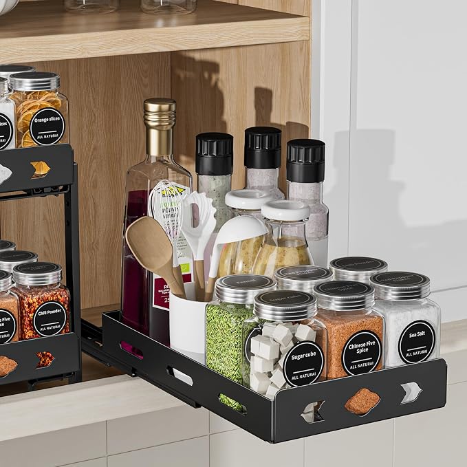 BOIVSHI Pull Out Spice Rack Organizer for Cabinet, Heavy Duty - Sliding Spice Rack, Vertical Spice Rack for Kitchen, Cabinet, Cupboard, Pantry (6.3''Wx10.5''Dx2.8''H, Metal Black)