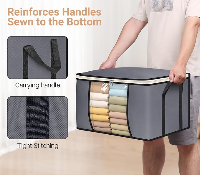 SLEEPING LAMB 65L Clothes Storage Bag, Breathable Blanket Storage Container and Foldable Comforter Organizer for Closet with Reinforced Handles for Sheets, Pillow, Toys, Grey