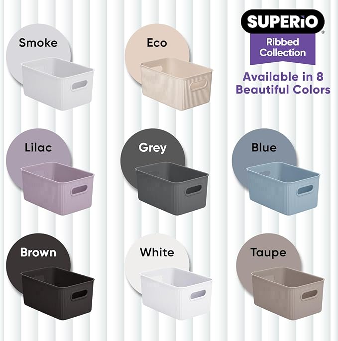 Superio Ribbed Collection - Decorative Plastic Basket Open Home Storage Bins Organizer, Medium Taupe (1 Pack) Container Boxes for Organizing Closet Storage Bins for Shelves Drawer Shelf 5 Liter