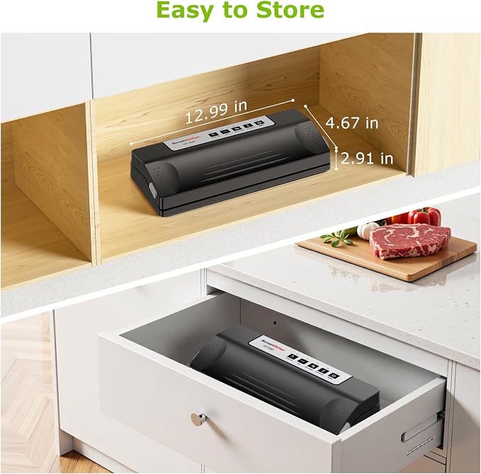 Bonsenkitchen Vacuum Sealer Machine for Food Storage,Black-Silver | Multi-Functional Food Sealer, 65kPa Suction, External Vacuum System , Compact Design with 5 Vacuum Bags