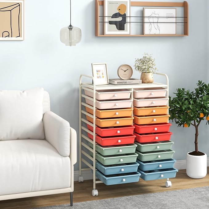 LDAILY 20-Drawer Rolling Storage Cart, Rolling Storage Cart, Storage Organizer on Wheels, Metal Frame, Scrapbook Paper Tools, Suitable for Office School, Classroom (Macaron, 20 Drawer)