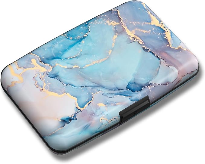 Maicican Credit Card Holder, Mini RFID Blocking Aluminum Wallet | Slim Metal Hard Case Travel Wallet ID Case for Women and Men, 4.3 x 2.9 Inches, Blue Marbling