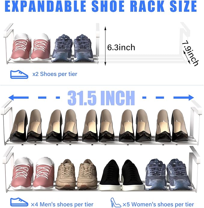 CroBlissful 4 Pcs Expandable Shoe Rack Organizer for Closet 16.5-31.5 Inch Adjustable Retractable Hanging Cabinet Shoe Shelf Dorm Room Storage for Space Saving (White)