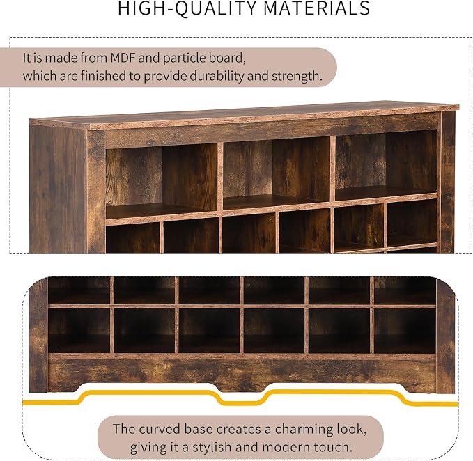 Harper & Bright Designs Sleek Design 24 Shoe Cubby Console, Modern Shoe Cabinet with Curved Base, Versatile Sideboard for Hallway, Bedroom, Living Room, Rustic Brown