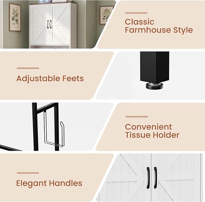 31" Over The Toilet Storage Cabinet with Barn Door,Bathroom Organizers and Storage with Adjustable Shelves, Farmhouse Over Toilet Organizer for Bathroom,Restroom,Laundry,White