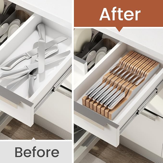 In-Drawer Knife Block Organizer - Bamboo Wood Drawer Knife Organizer-Protecting Knife Organizer Block (Not Included) (White, 15 Knives Dock)