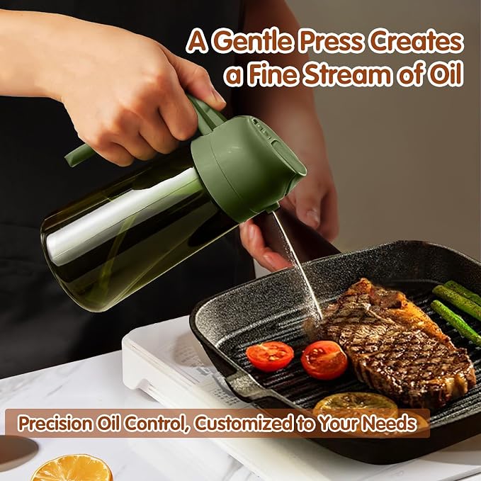 YARRAMATE 2Pcs 16oz/470ml Dark Green Oil Sprayer for Cooking with Stickers, Food-grade Premium 2 in 1 Olive Oil Dispenser Bottle for Kitchen Gadgets, Air Fryer, Salad, Frying, BBQ (Black&OliveGreen)