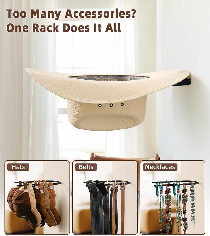 Cowboy Hat Rack 4-Pack Dual Arm Metal Wall Mount for Wide Brim Hats Rustic | Rustic wall hat rack with extended dual arms, fits cowboy hats, fedoras and wide-brim caps to prevent brim bending.