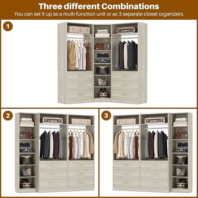 Besiost Closet System with 6 Drawers & 10 Shelves, Corner Closet Organizer System, Reversible Walk-in Closets, (L-Shaped 31.5" L * 31.5" W / I-Shaped 62.9" L * 15" W), Load 1500+LBS, White Oak