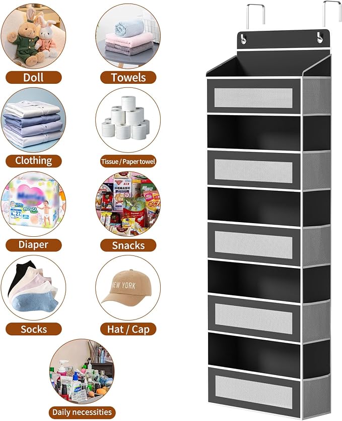 5-Tier Over The Door Organizer with 5 Large Pockets, Over the Door Storage 10 Side Pockets 44 lb Load Behind Door Storage, Door Organizer Hanging Shelf for Closet Bedroom Bathroom Nursery, Black