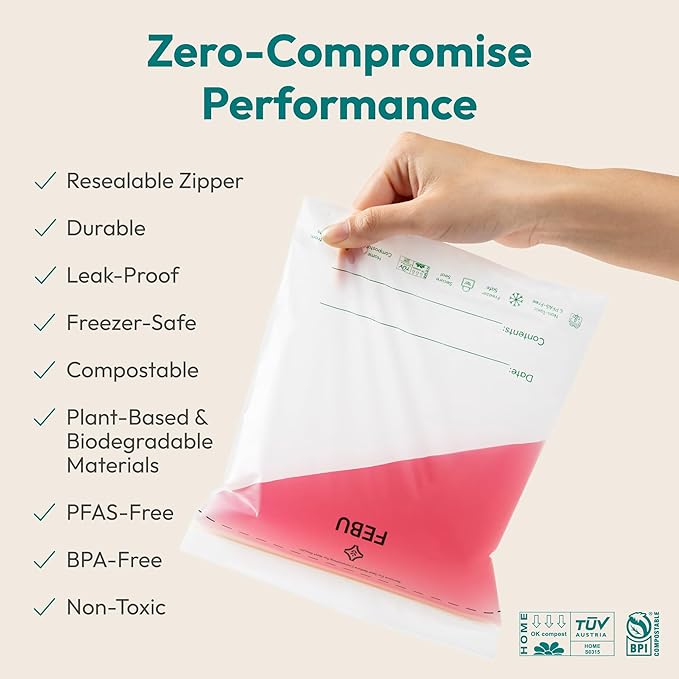 FEBU Sandwich Compostable Food Storage Bags, 180 Count | Certified Home Compostable & Biodegradable | PFAS & BPA Free Zipper Bags | Leak-Proof & Resealable | 6.5"x 5.88”
