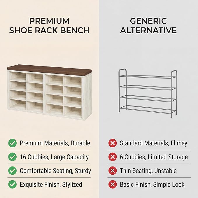 Shoe Storage Bench with Cushion Shoe Rack for Entryway 16 Cubby Multifunctional Organizer Bench Entryway with Soft Sponge Cushion for Hallway Living Room Bedroom (White & Brown)
