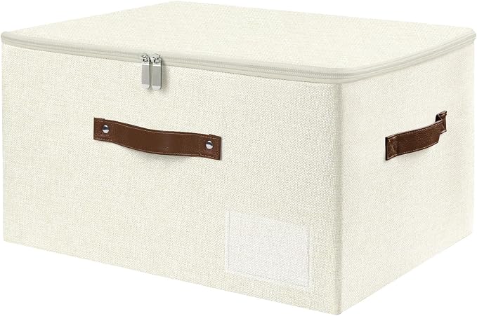 ANMINY Fabric Storage Box Bins with Zipper Lid, Washable Beige | Cotton Linen Fabric, PP Board Frame, Label Holder, Stackable & Foldable, PU Handles, Dual-Zipper 3-Side Open Lid, Large