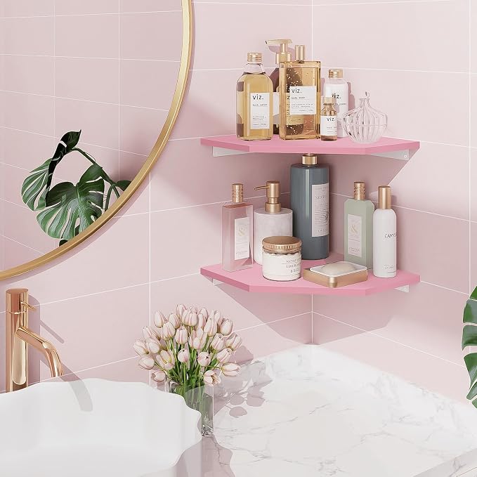 Homode Corner Floating Shelves, Corner Wall Shelf with Cord Hole, 2 Tier Wood Hanging Corner Shelf for Bathroom, Bedroom, Living Room, Pink