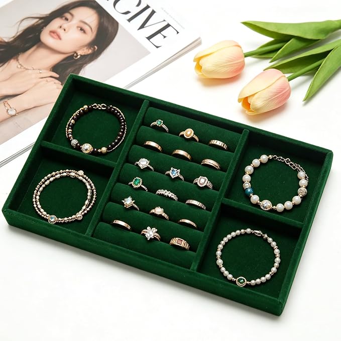 Velvet Jewelry Trays for Drawers, Dark Green Stackable Jewelry Drawer Organizer Inserts, Ring Earring Necklace Bracelet Holder Organizer Storage Display Tray with Removable Dividers, 2-in-1