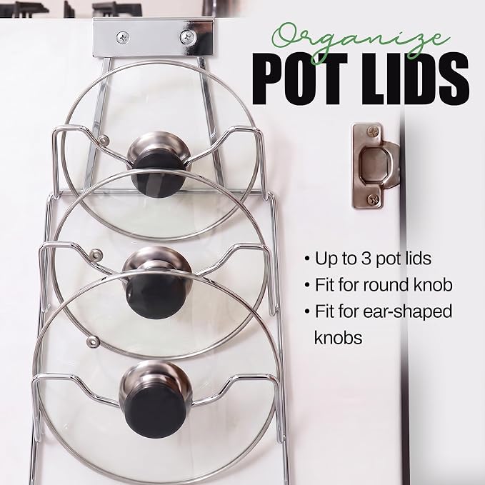 Evelots 2-in-1 Pot Lid Organizer with Towel Holder, 2 Pack, 3-Tier Cabinet Door Organizer, Pot & Pan Lid Holder Rack for Glass & Metal Lids, Over Cabinet Door Kitchen Storage, Chrome