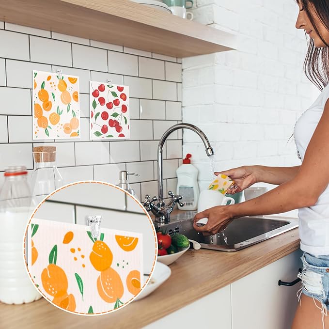 Needbrock 6 Pack Fruit Swedish Dishcloths for Kitchen,Swedish Rags Dish Towels with Clips, Reusable Paper Towels Washable Absorbent Cellulose Sponge Cloths for Countertop Dishes Cleaning