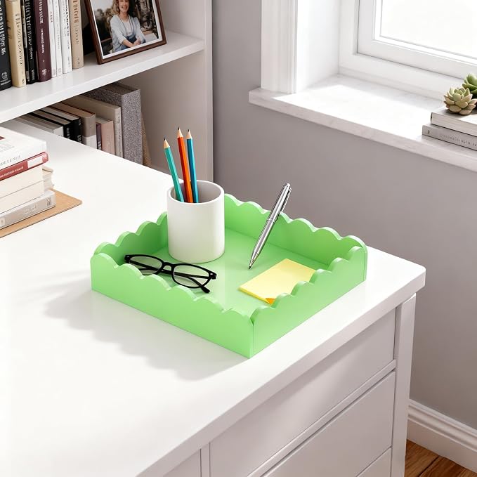 Scalloped Acrylic Tray, 8x8 Inch Glossy Green Acrylic Decorative Tray for Home Decor, Acrylic Organized Tray for Bathroom Vanity Countertop Square Display Tray for Perfume (Square Green)
