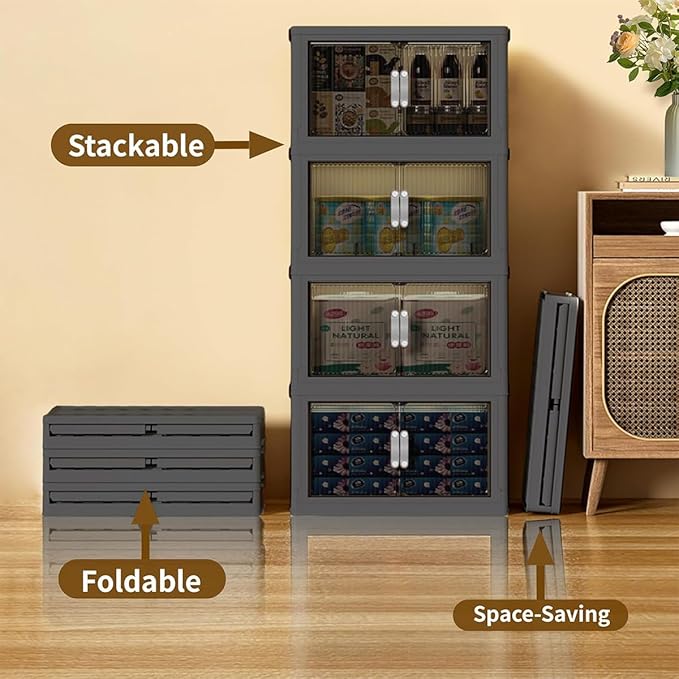 Collapsible Storage Bins with Lids Black Stackable Plastic Organizers for Clothes, Decor, Craft Supplies & Home Storage (5 racks, 17 Gal/rack)